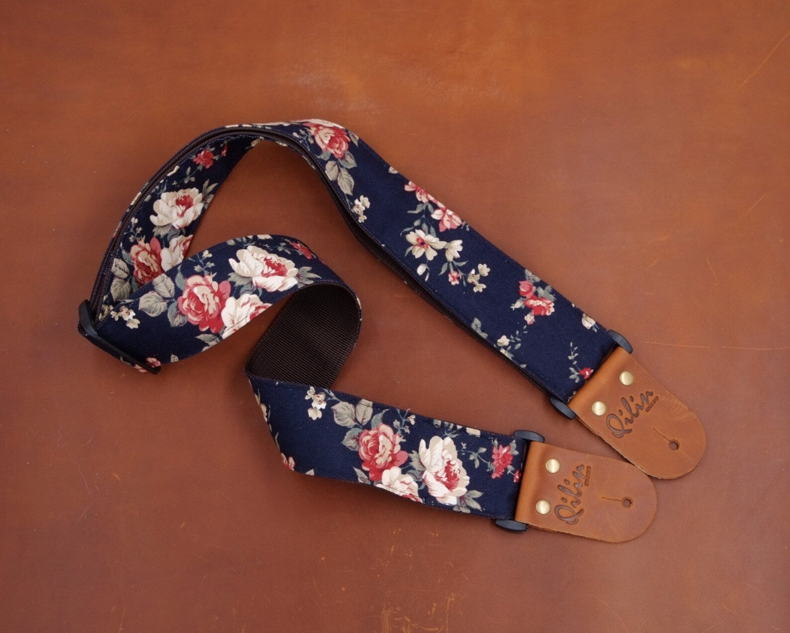 Navy Flower Fabric Guitar Strap