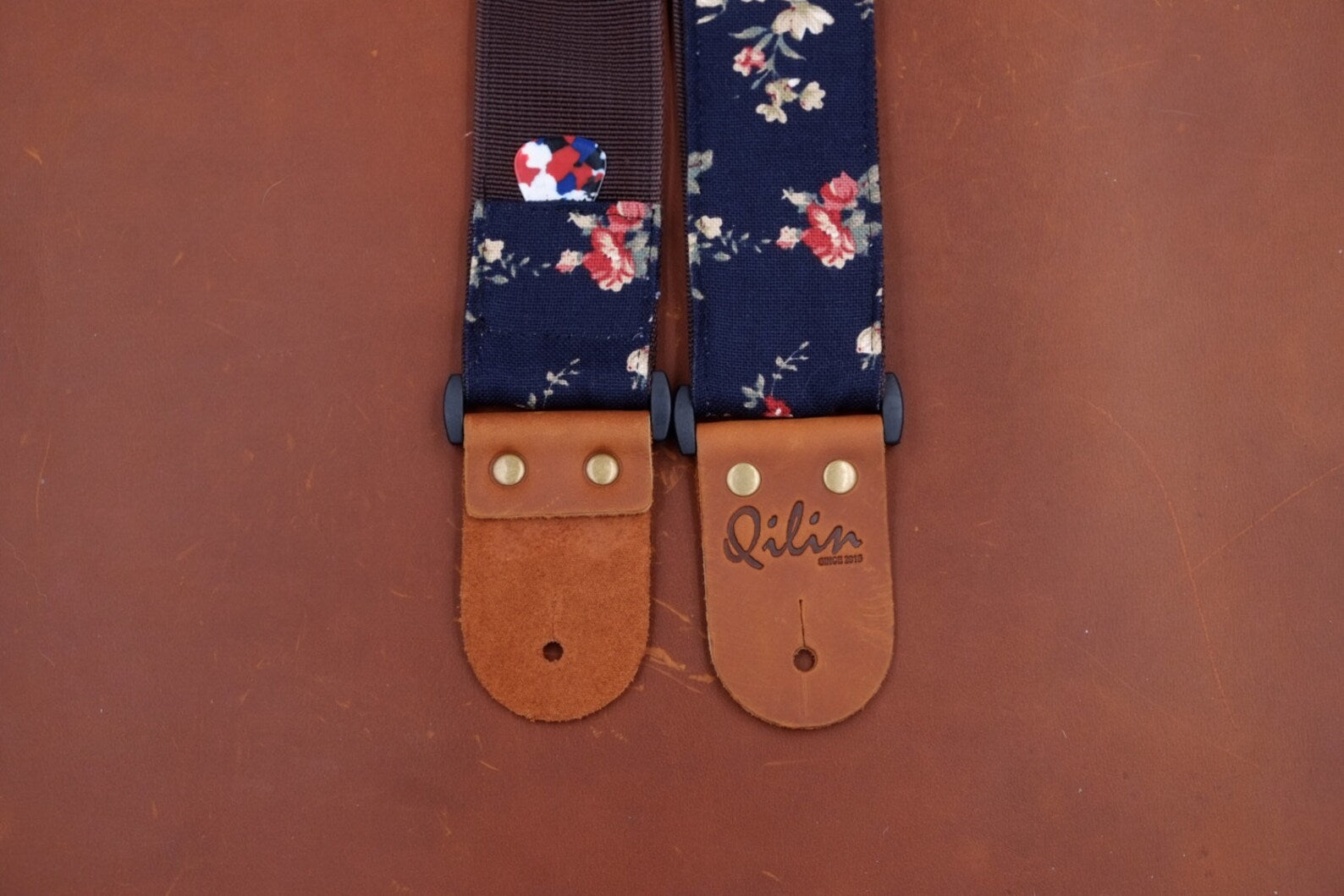Navy Flower Fabric Guitar Strap