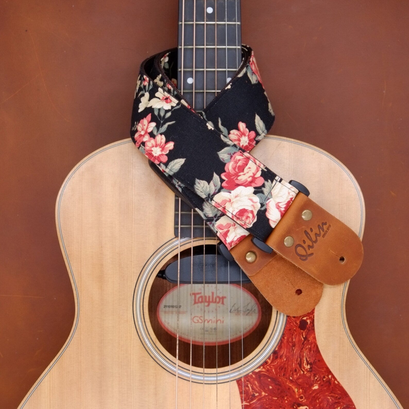 Black Fabric Flower Guitar Strap