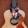 Navy Flower Fabric Guitar Strap - front view