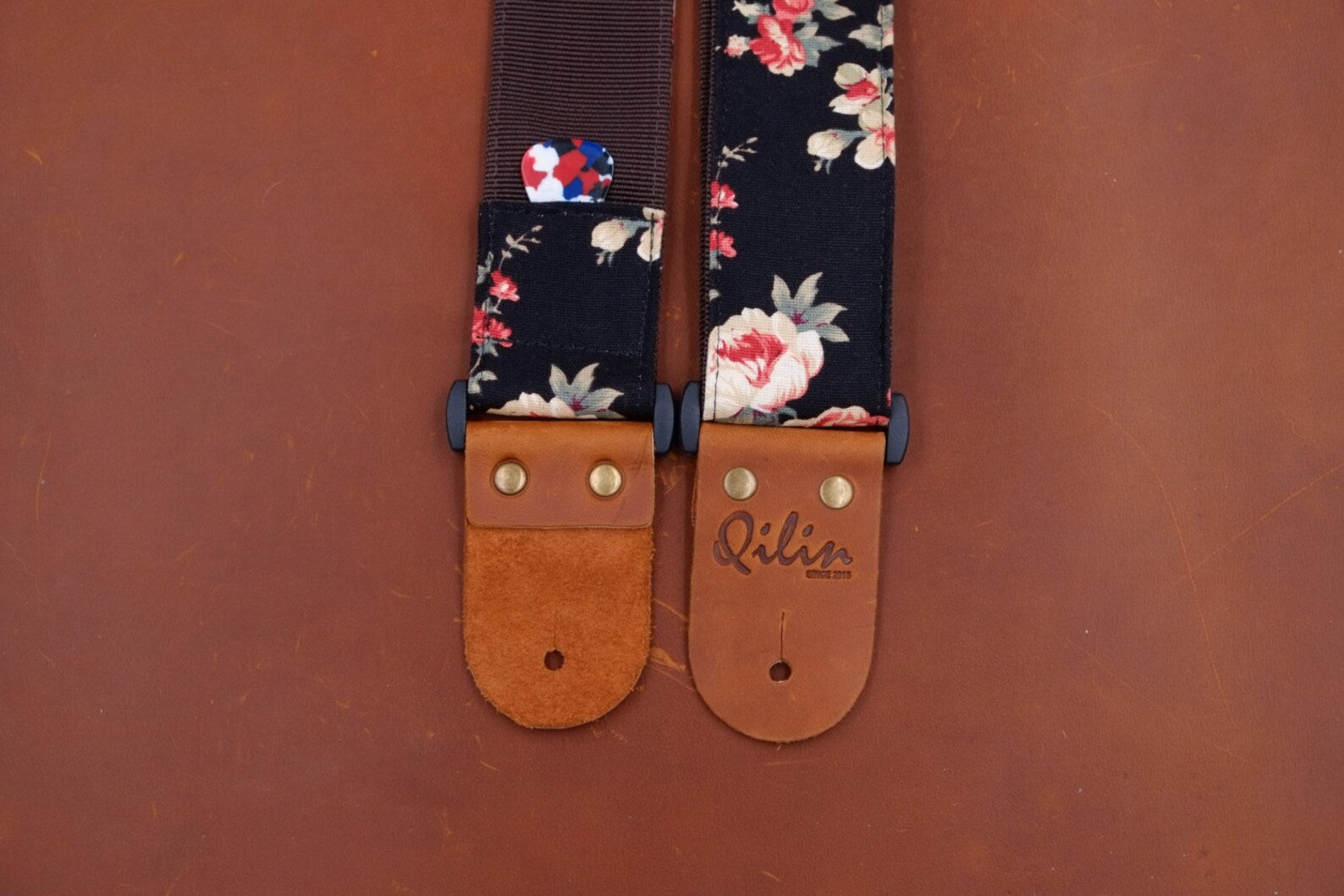 Black Fabric Flower Guitar Strap