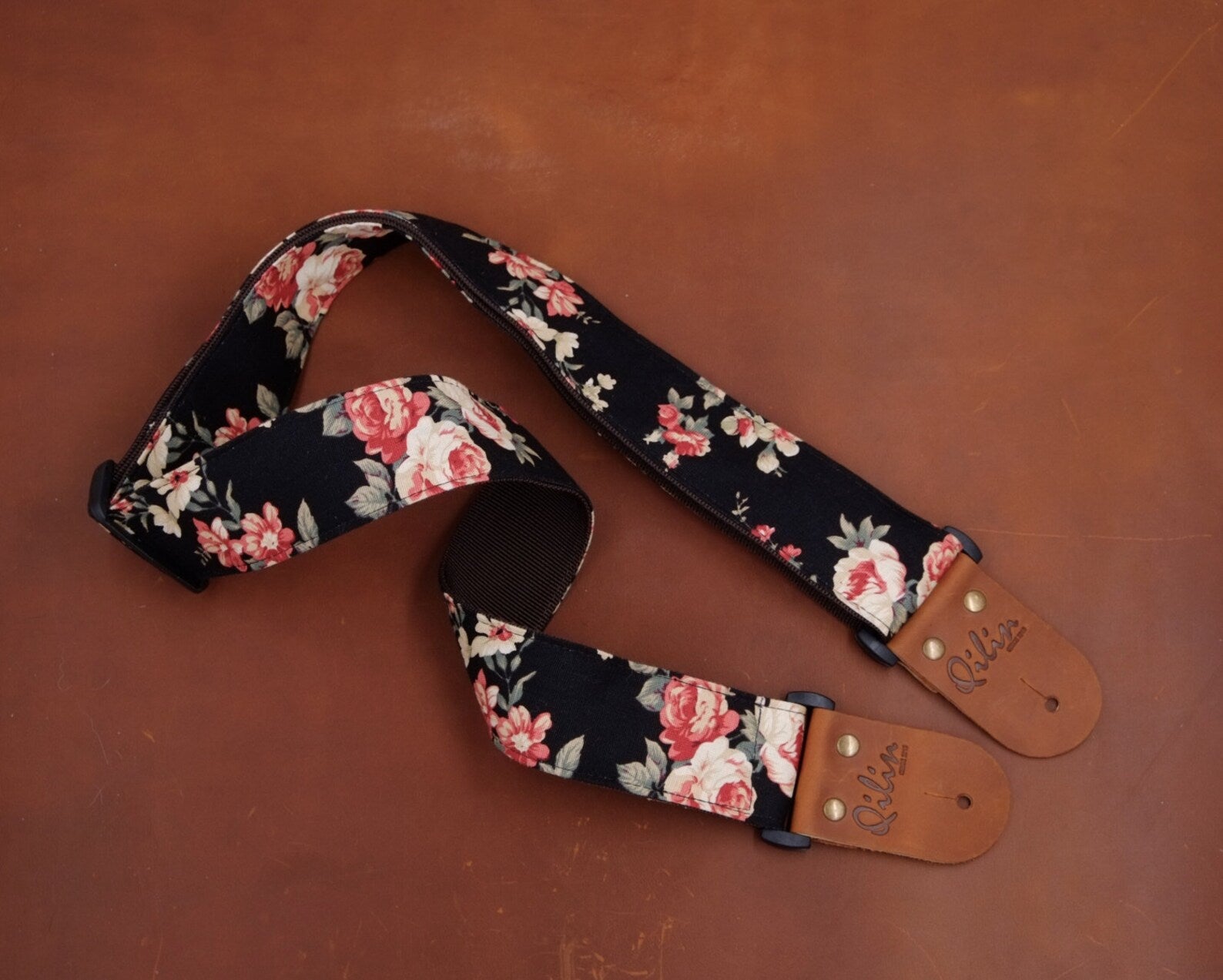 Black Fabric Flower Guitar Strap
