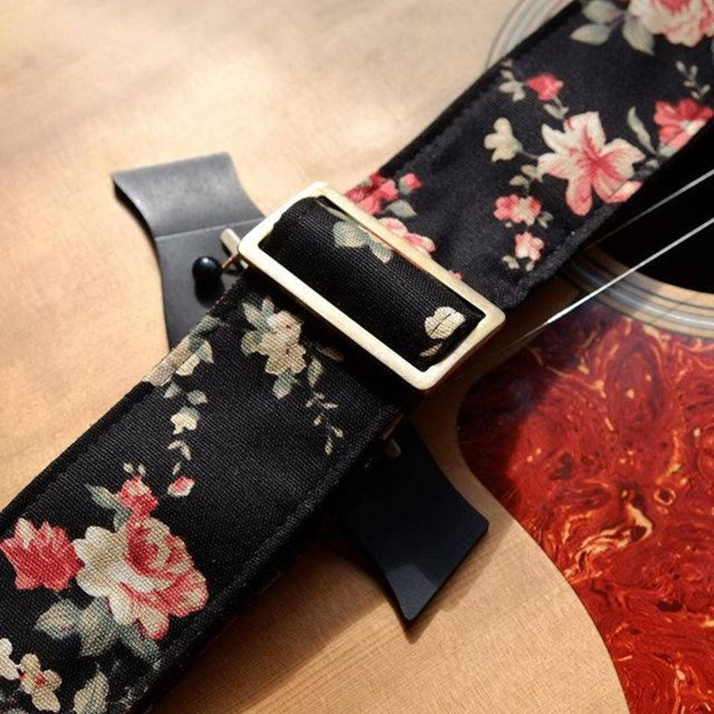 Black Fabric Flower Guitar Strap