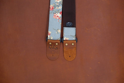 Blue Pastel Flower guitar strap - close-up detail