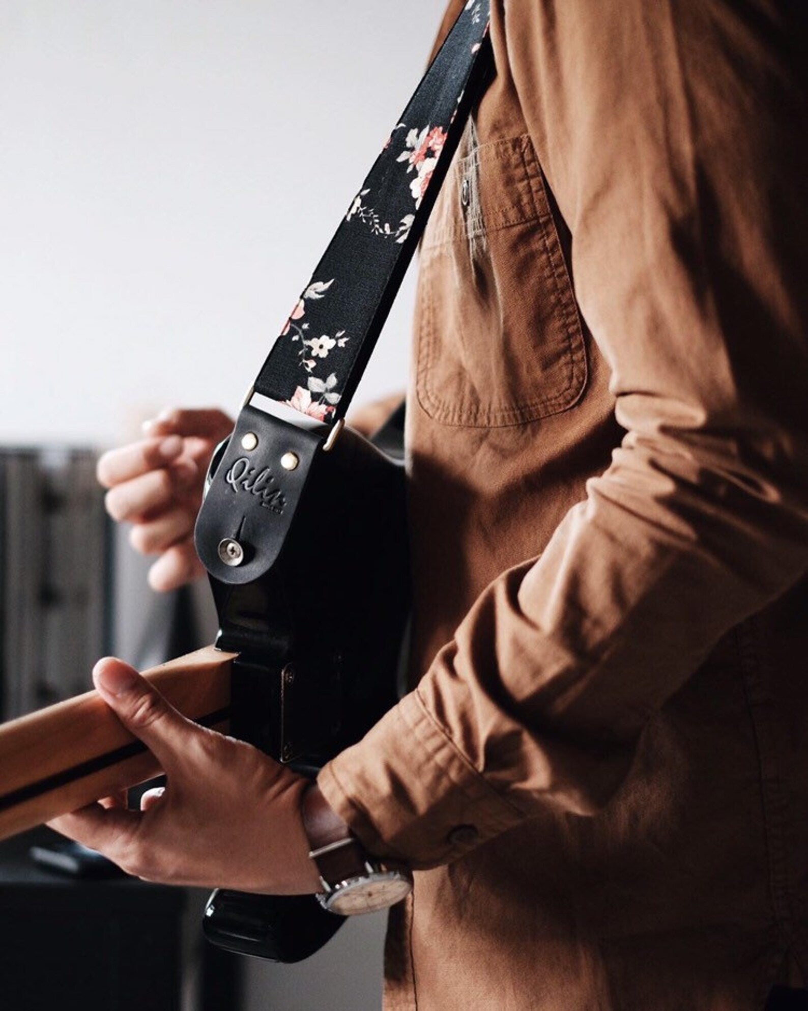 Black Fabric Flower Guitar Strap