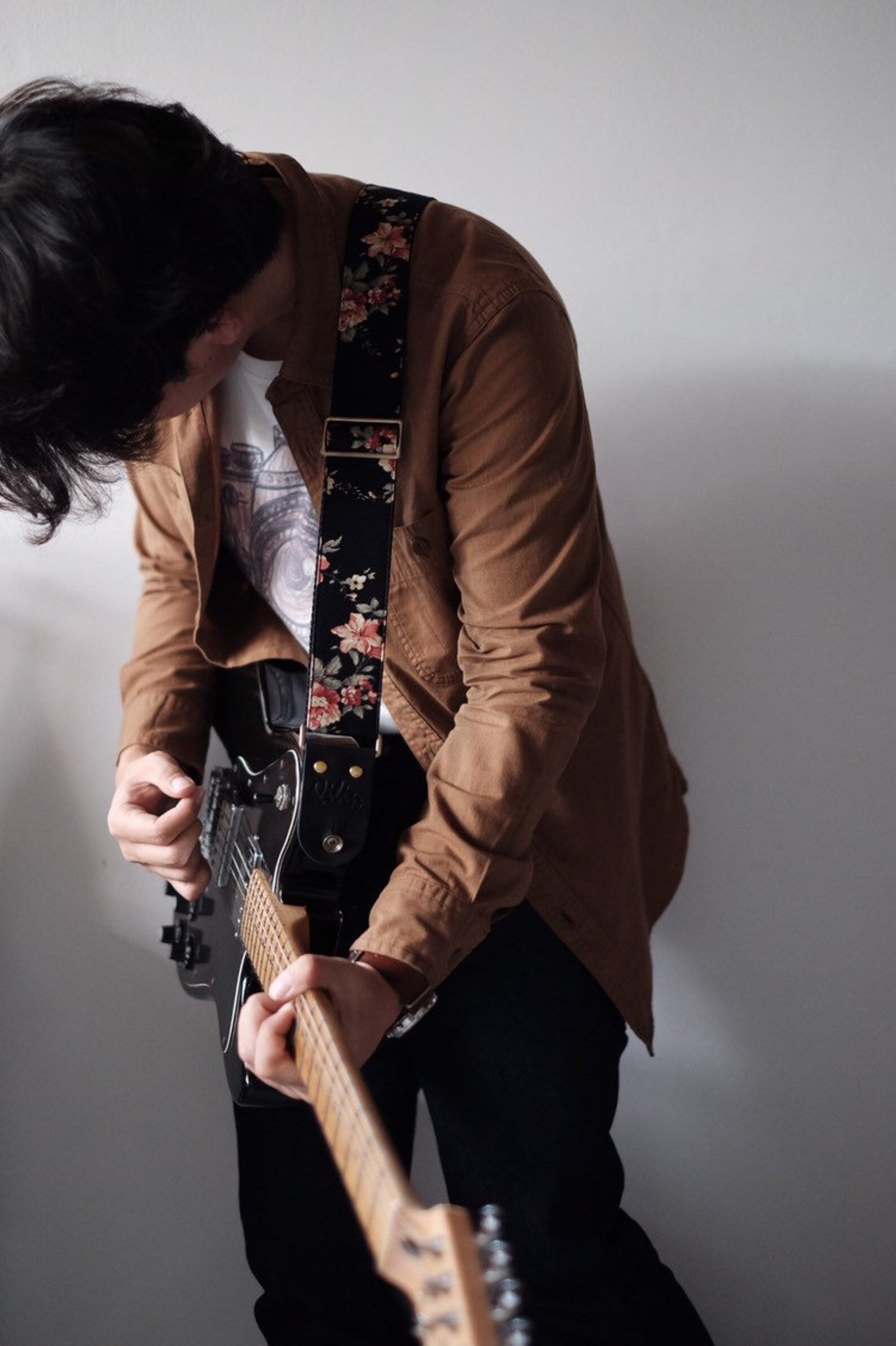 Black Fabric Flower Guitar Strap