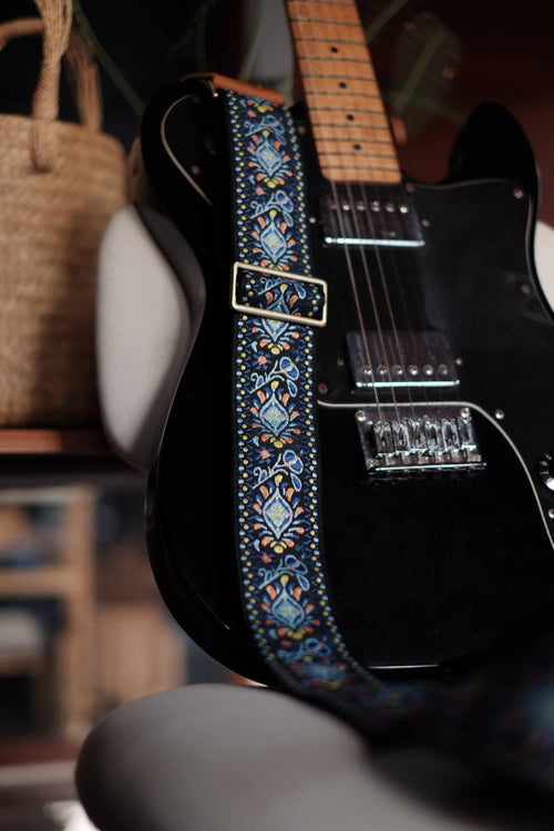 Blue Retro Vintage - Handmade guitar strap - close-up detail