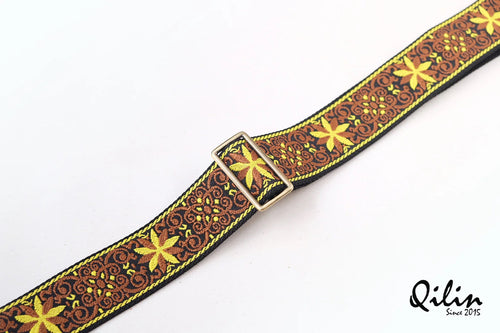 Blossom Yellow Retro Floral - Handmade guitar strap - close-up detail