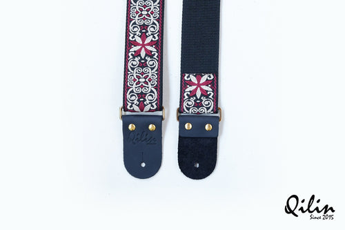 Blossom Red-White retro guitar strap - close-up detail