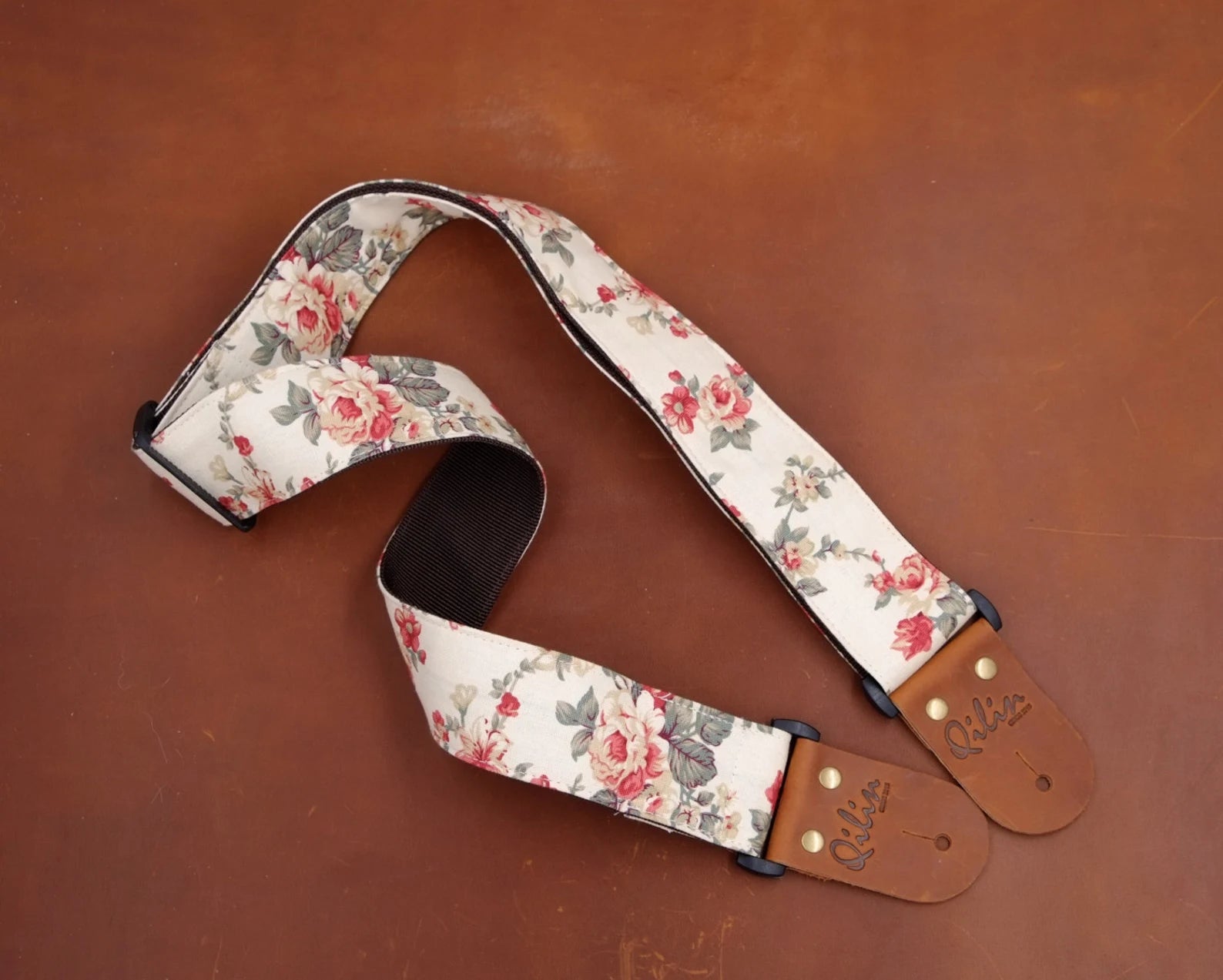 Cream Fabric Flower Guitar Strap