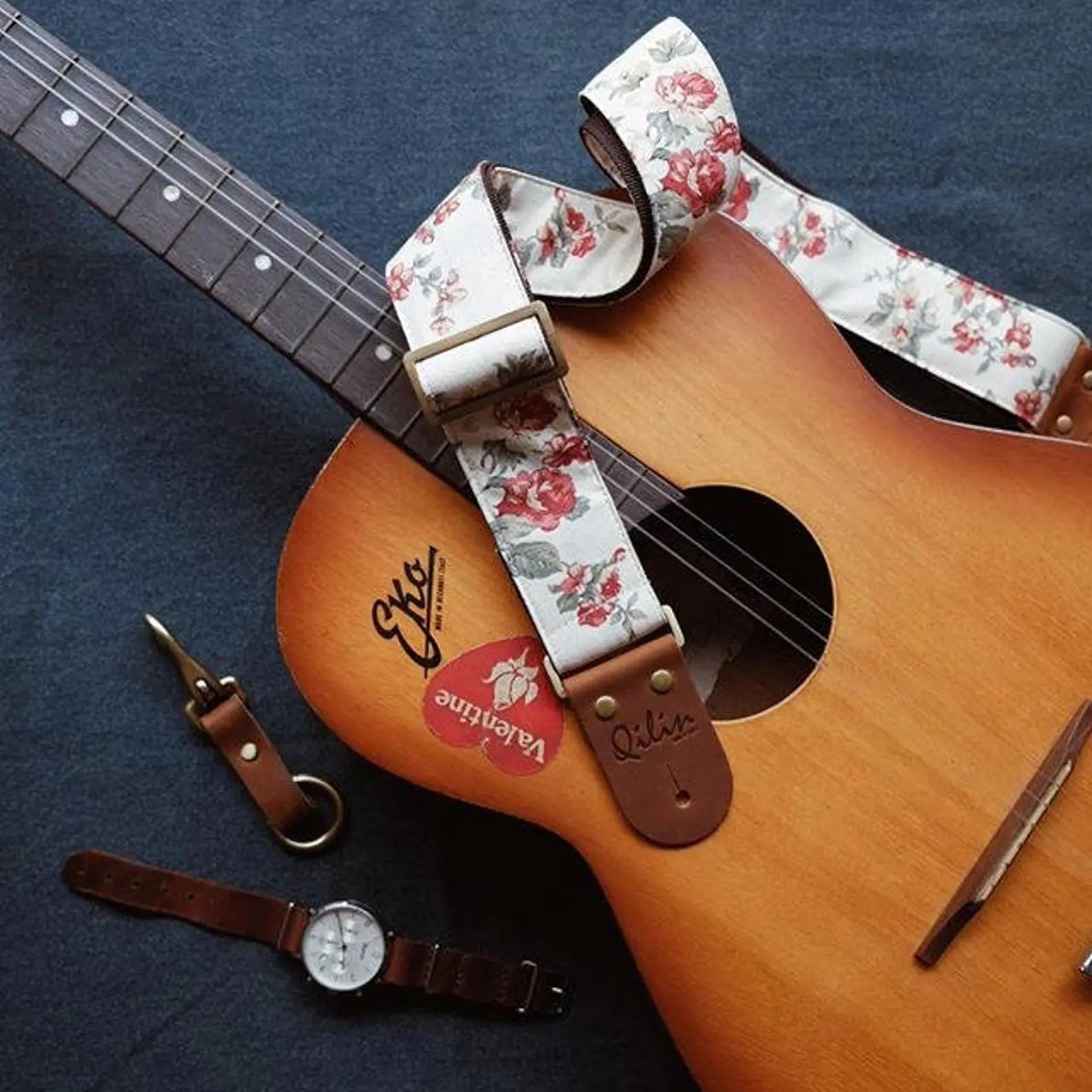 Cream Fabric Flower Guitar Strap